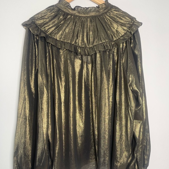 Boden | Gold Metallic Ruffle Collared Blouse Lightweight Top Party Event - Picture 7 of 8
